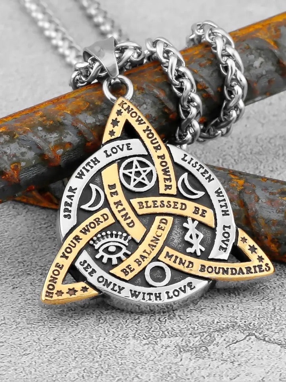 Blessed Be Two-Tone Silver and Gold Pagan Pendant Necklace